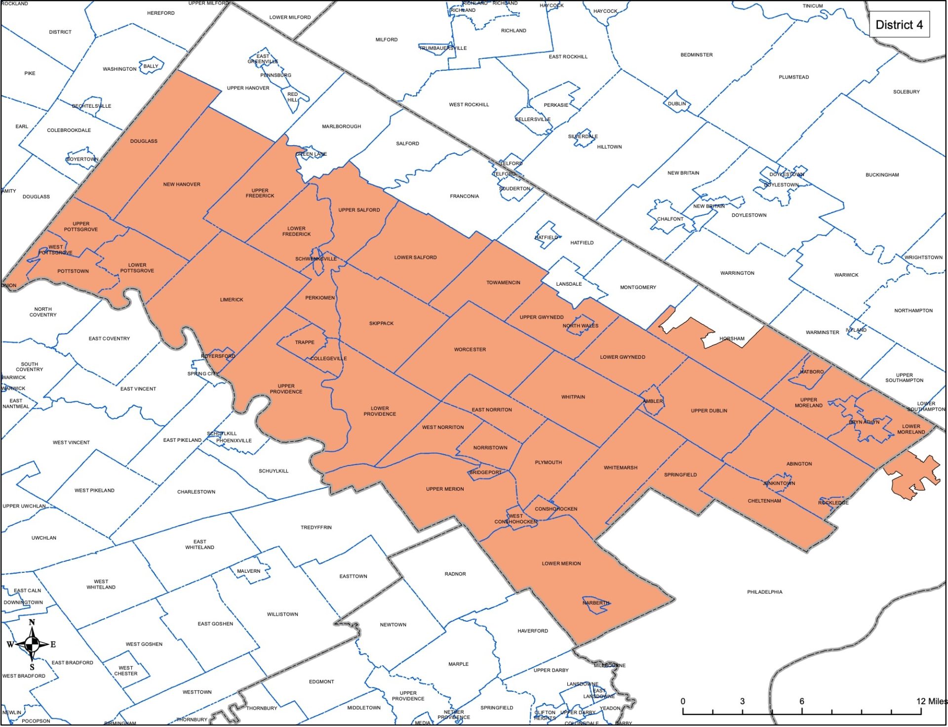 Proposed District 4 meets the standard for contiguity, as no section is detached.