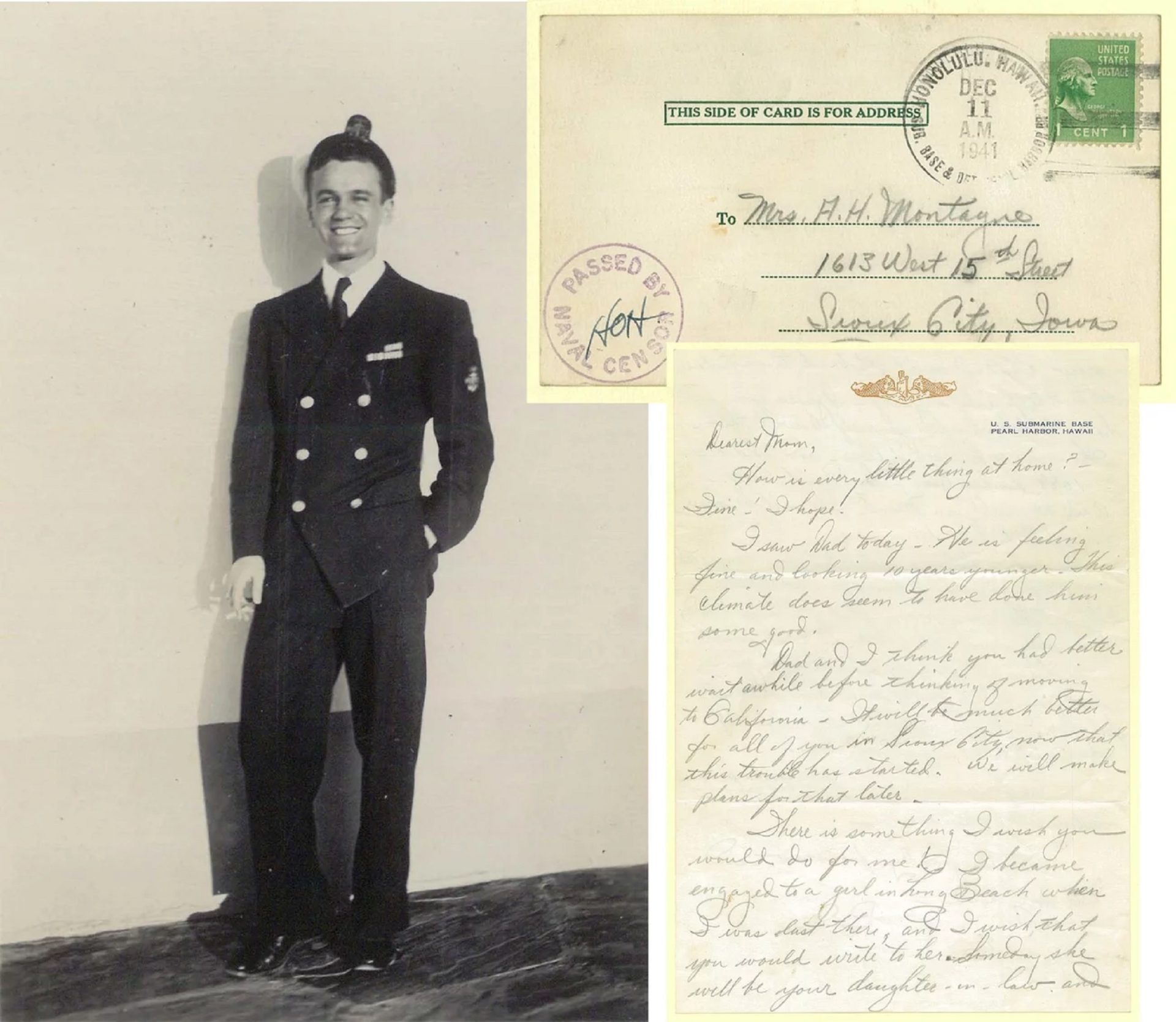 Bud in 1945, and his letter to his mom in December, 1941.