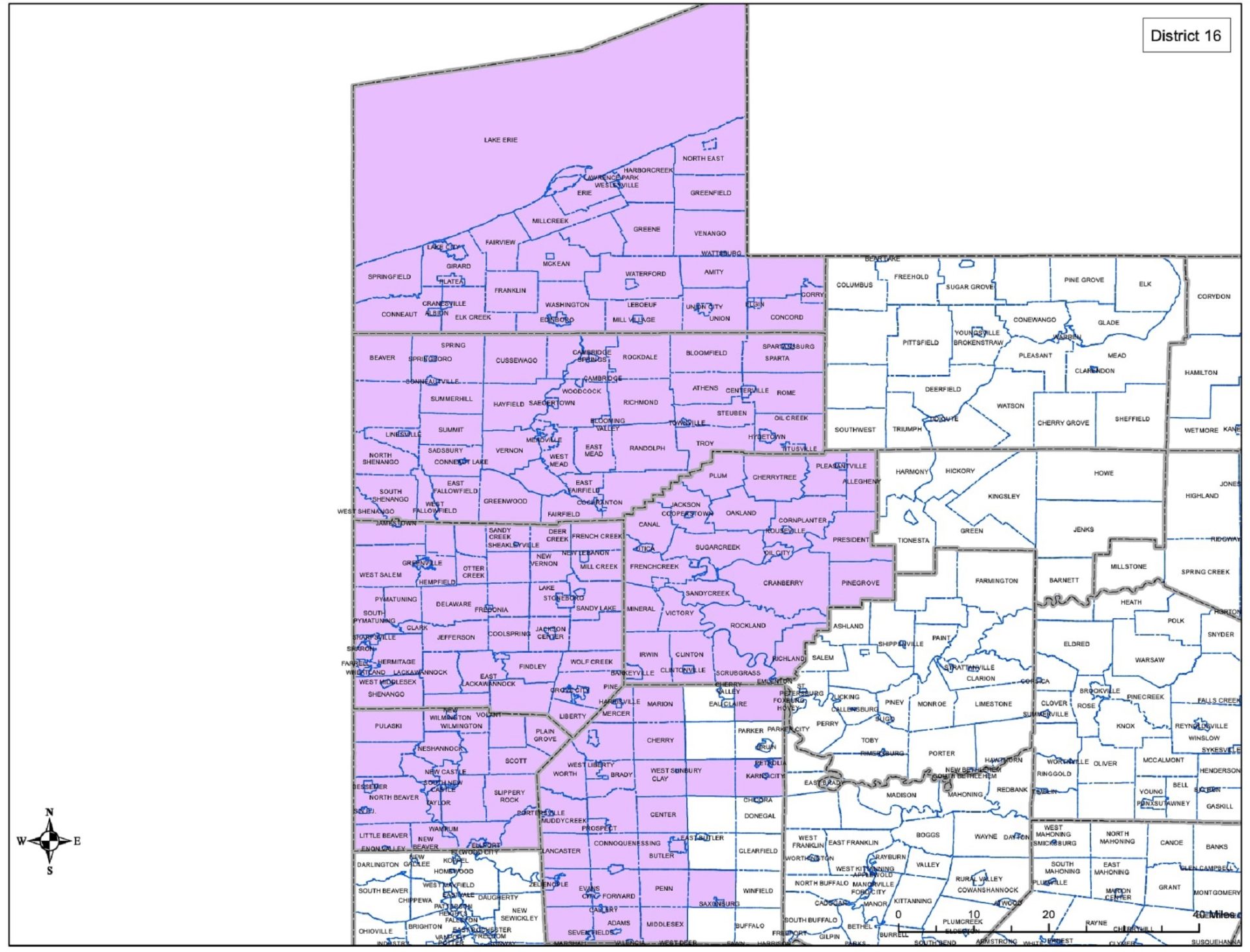 Proposed District 16 groups together six counties, keeping five completely intact and the majority of the sixth together. Its boundaries also follow municipal and precinct lines.