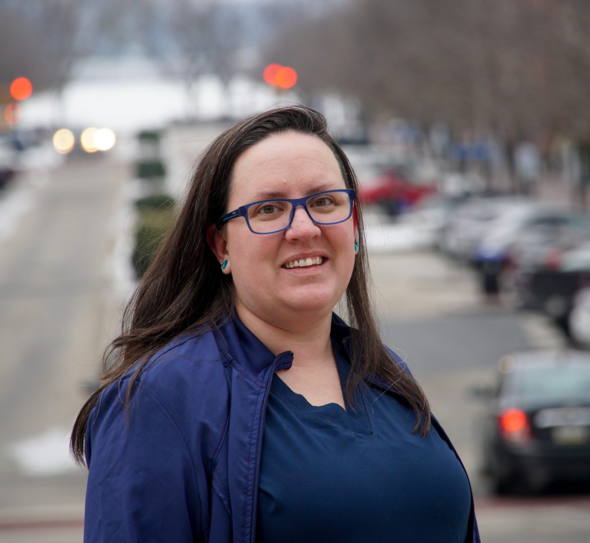 Debbie Vandover stands for a portrait outside the Pennsylvania state capitol Jan. 25, 2022. Vandover, a WellSpan Health travel nurse, came to the capitol to support a bill that would require patient staffing ratios.