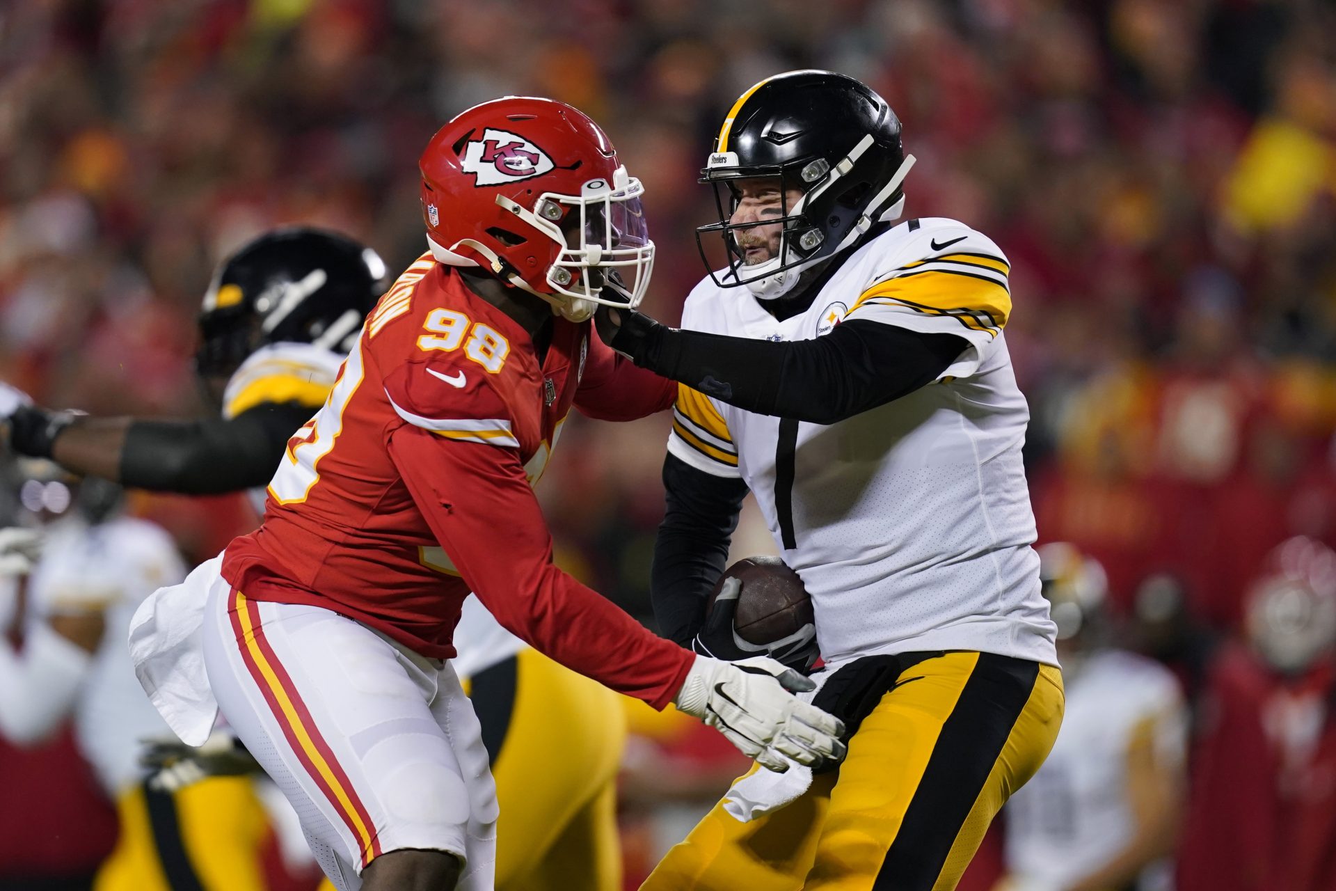 Pittsburgh Steelers quarterback Ben Roethlisberger (7) is sacked by Kansas City Chiefs defensive end Tershawn Wharton (98) during the first half of an NFL wild-card playoff football game, Sunday, Jan. 16, 2022, in Kansas City, Mo.