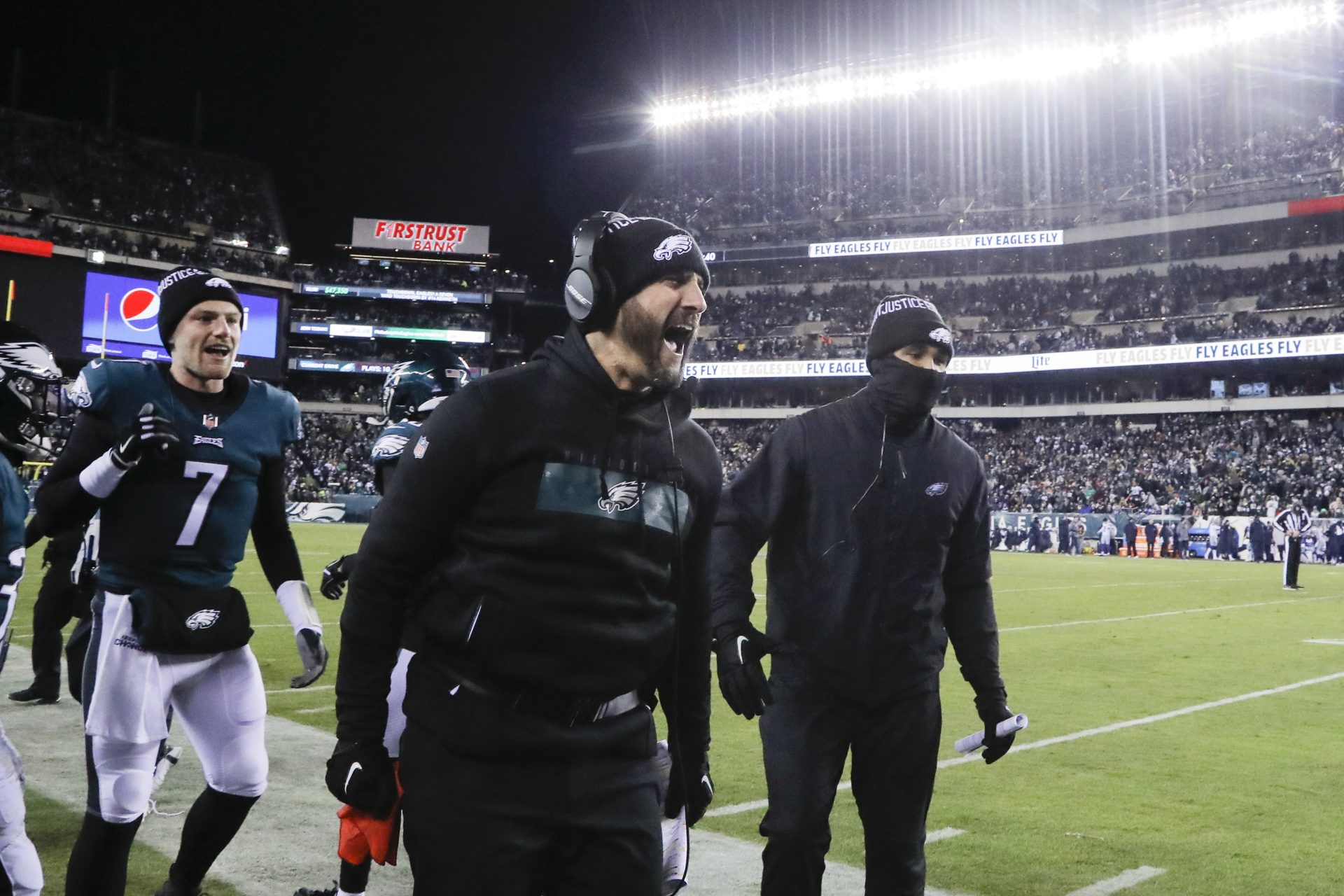 Philadelphia Eagles' Nick Sirianni celebrates a touchdown by Kenneth Gainwell during the first half of an NFL football game against the Dallas Cowboys, Saturday, Jan. 8, 2022, in Philadelphia.