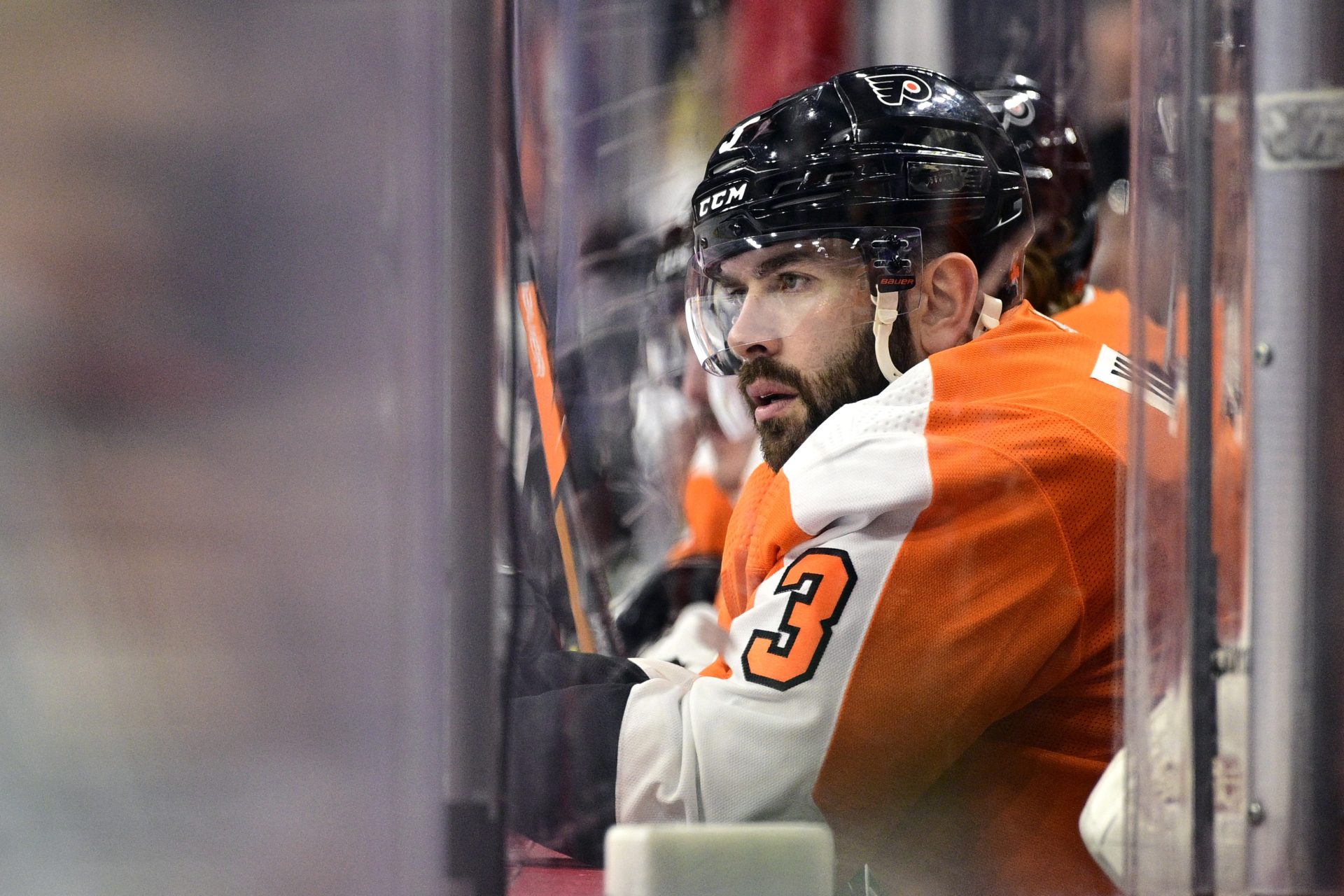 Philadelphia Flyers' Keith Yandle looks on from the bench during the first period of an NHL hockey game against the Dallas Stars, Monday, Jan. 24, 2022, in Philadelphia.