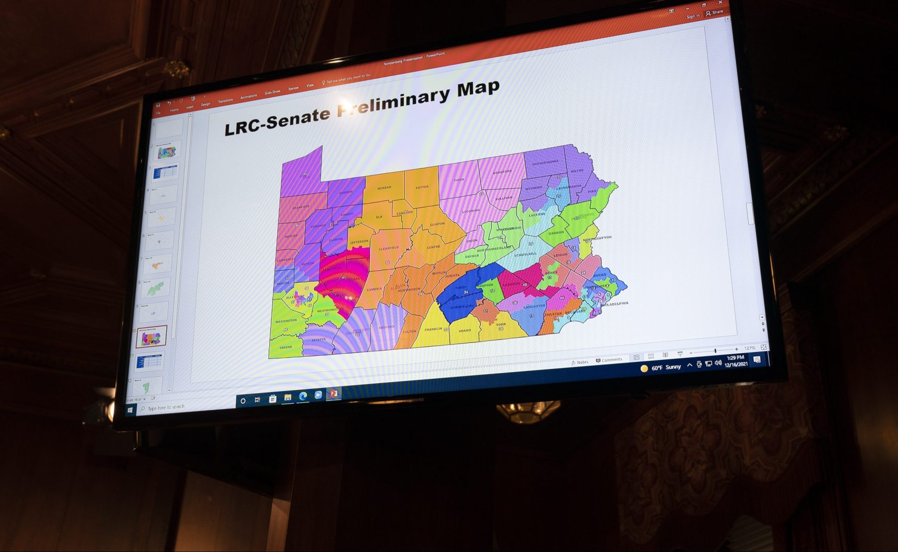 A proposed Pennsylvania Senate district map is displayed during a meeting of the Pennsylvania Legislative Reapportionment Commission at the Capitol in Harrisburg, Pa., Thursday, Dec. 16, 2021. 