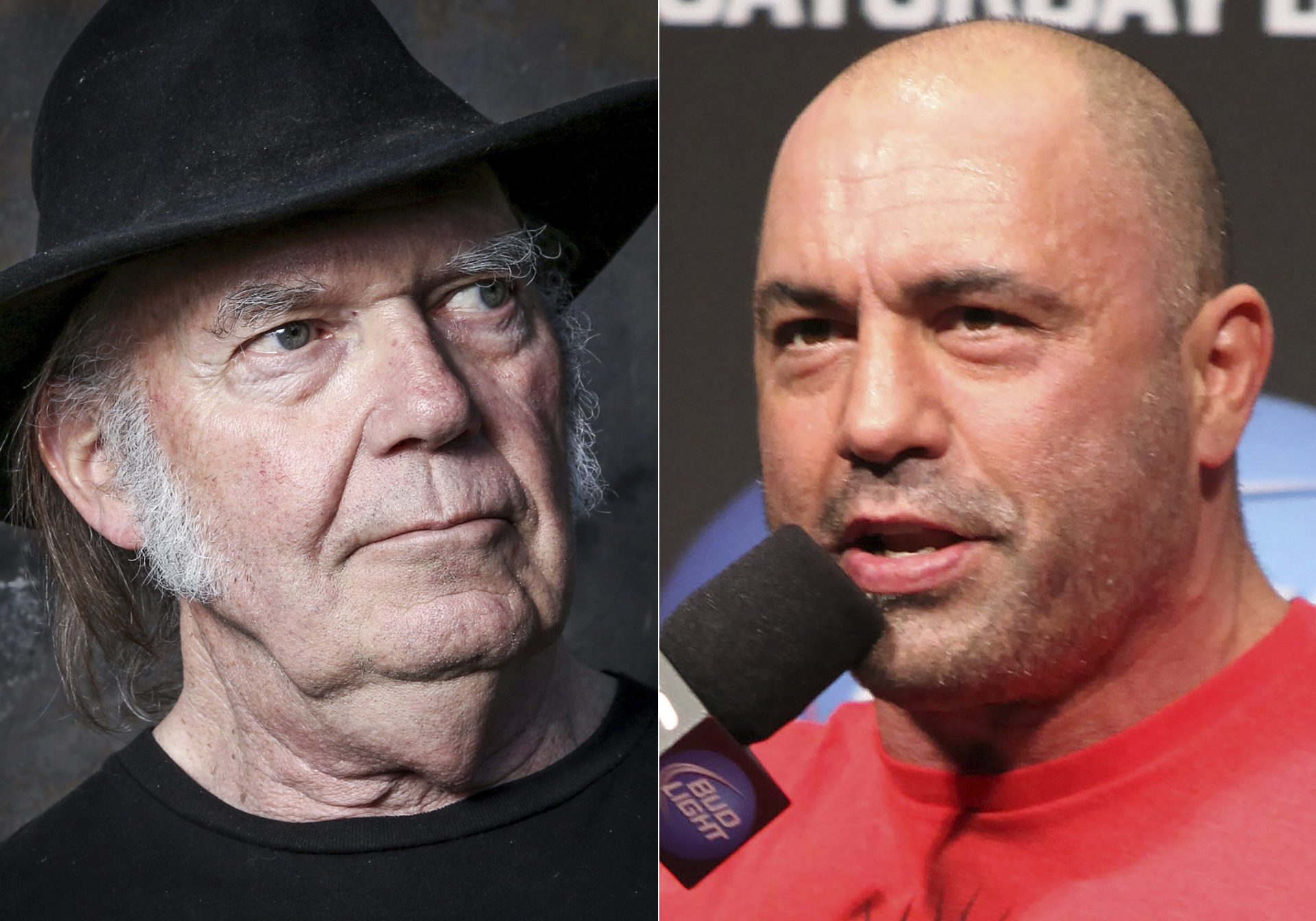 This combination photo shows Neil Young in Calabasas, Calif., on May 18, 2016, left, and UFC announcer and podcaster Joe Rogan before a UFC on FOX 5 event in Seattle on Dec. 7, 2012. 