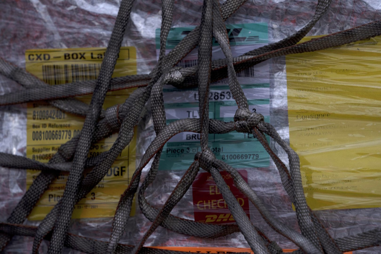 Webbing covers labels on a heavily-wrapped shipment of Pfizer's antiviral COVID-19 pill, Paxlovid, on arrival at Ben Gurion International airport near Tel Aviv, Thursday, Dec. 30, 2021. 