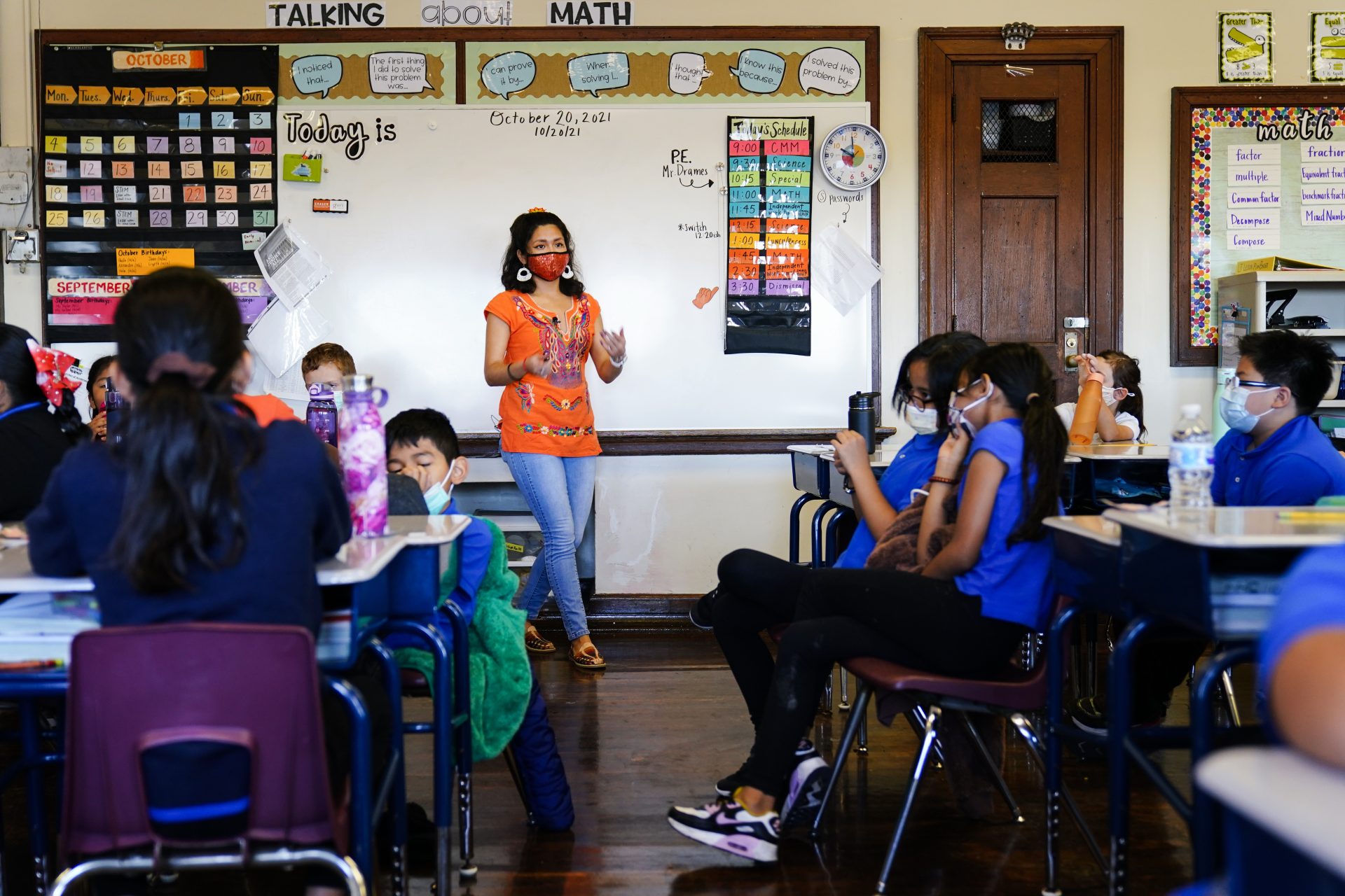 Student teacher Olivia Vazquez leads students through their morning meeting at the Eliza B. Kirkbride School in Philadelphia, Wednesday, Oct. 20, 2021.
