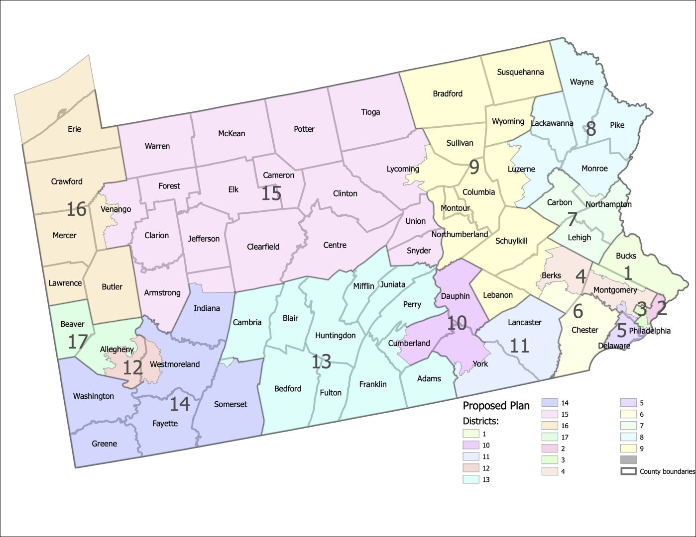 Shown is a new map of congressional districts provided by the Supreme Court Of Pennsylvania on Wednesday, Feb. 23, 2022. Pennsylvania's highest court is breaking a partisan deadlock over a new map of congressional districts by selecting boundaries that broadly adhere to the current outlines of the state's districts. 