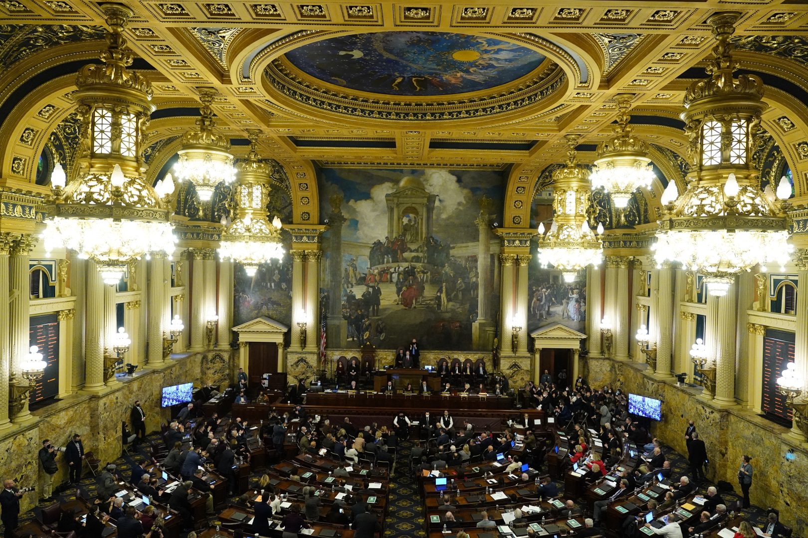Democratic Gov. Tom Wolf delivers his budget address for the 2022-23 fiscal year to a joint session of the Pennsylvania House and Senate in Harrisburg, Pa., Tuesday, Feb. 8, 2022. (AP Photo/Matt Rourke)