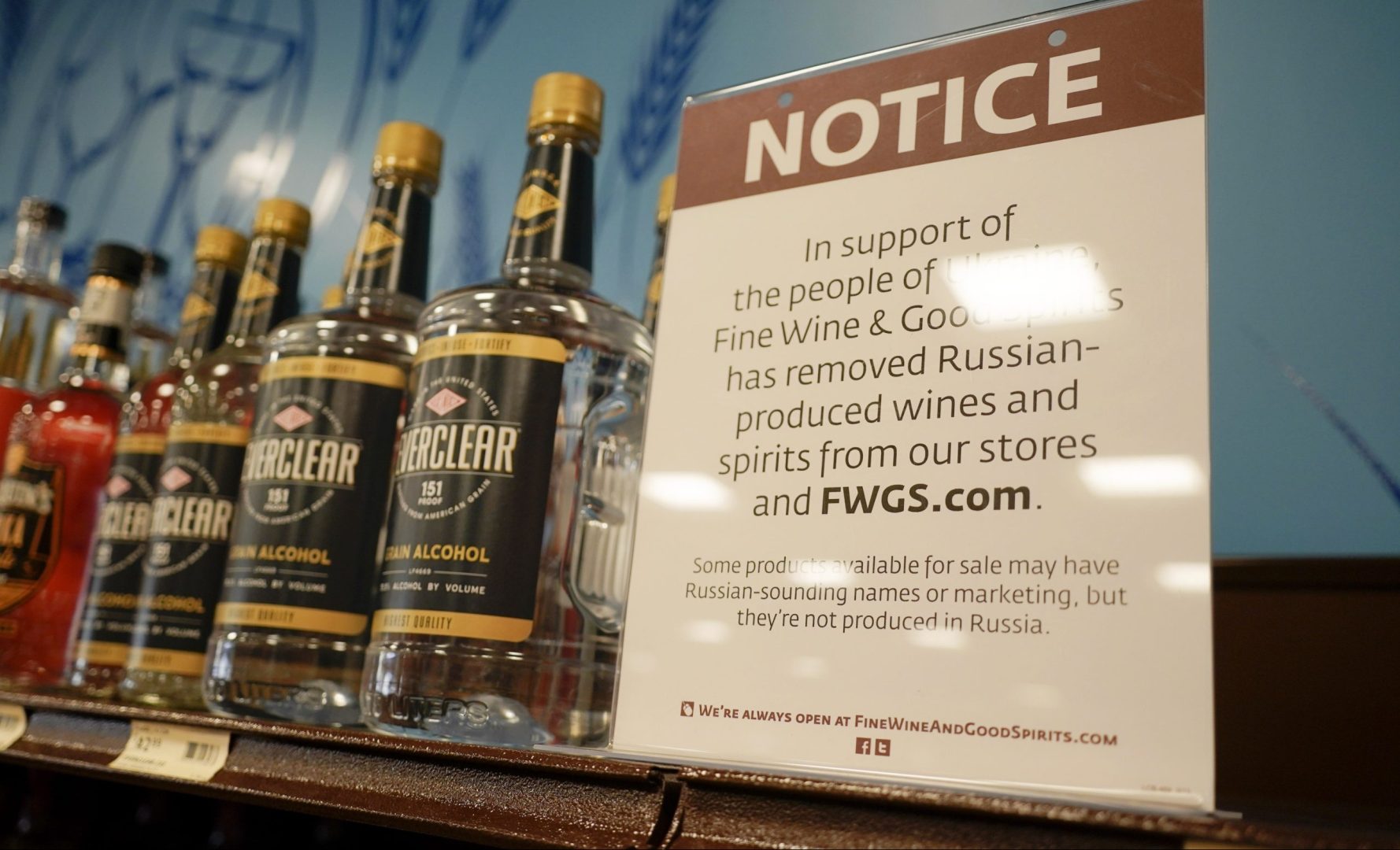 A sign in the vodka area of a Pennsylvania Fine Wine and Good Spirits store reflects the state's decision to withdraw Russian-made products for sale, Monday, Feb. 28, 2022, in Harmony, Pa. (AP Photo/Keith Srakocic)
