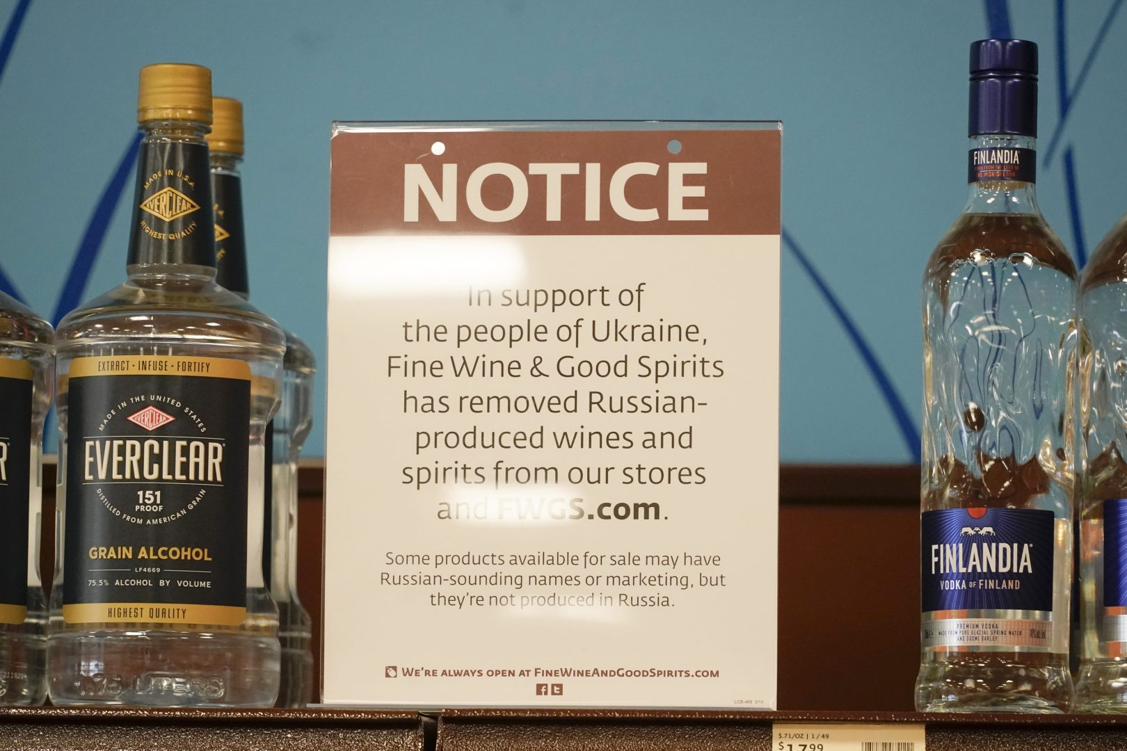 A sign in the vodka area of a Pennsylvania Fine Wine and Good Spirits store reflects the states decision to withdraw Russian-made products for sale, Monday, Feb. 28, 2022, in Harmony, Pa. (AP Photo/Keith Srakocic)