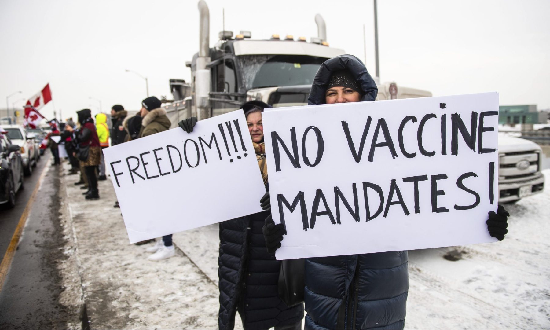 Protestors show their support for the Freedom Convoy of truck drivers who are making their way to Ottawa to protest against COVID-19 vaccine mandates by the Canadian government on Thursday, Jan. 27, 2022, in Vaughan. 