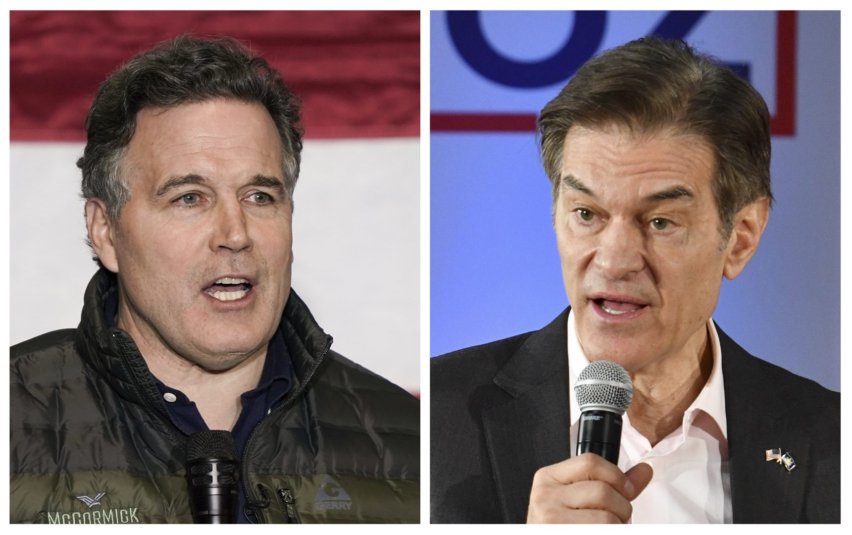 In this 2022 photo combination shown are Republican Pennsylvania U.S. Senate candidates, Dave McCormick, left and Mehmet Oz. A super PAC aligned with a McCormick, aired a TV ad suggesting that Oz is not conservative enough and included a clip from a 2010 