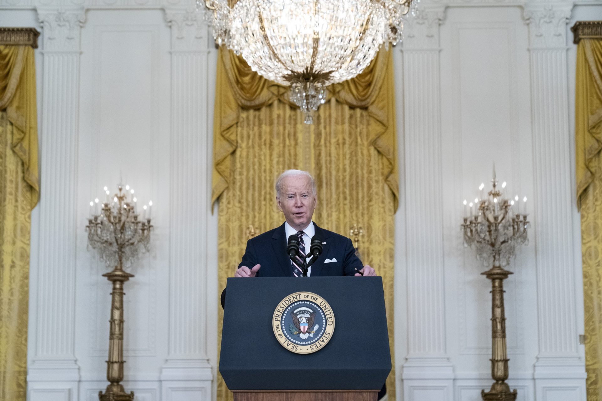 President Joe Biden speaks about Ukraine in the East Room of the White House, Tuesday, Feb. 22, 2022, in Washington.