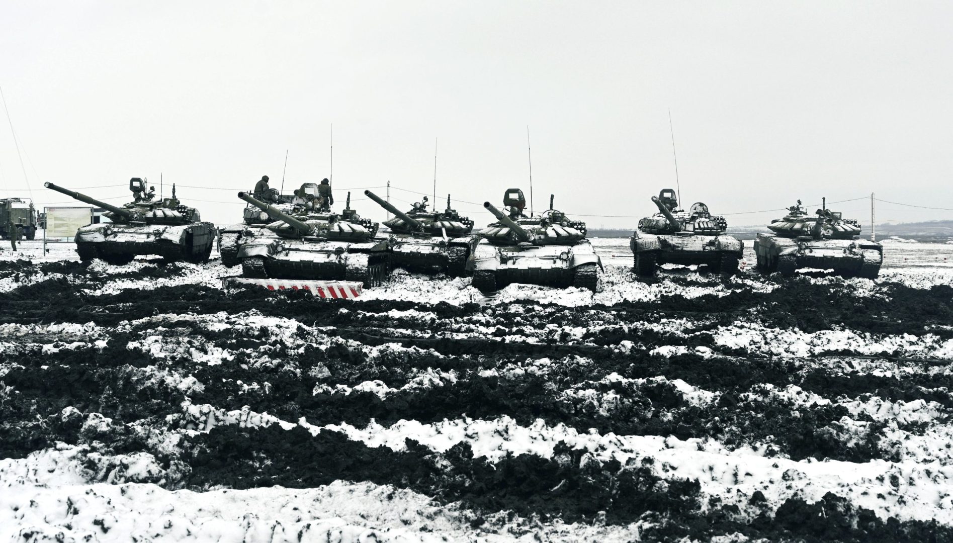 Russian tanks T-72B3 take part in drills at the Kadamovskiy firing range in the Rostov region in southern Russia, Jan. 12, 2022.  