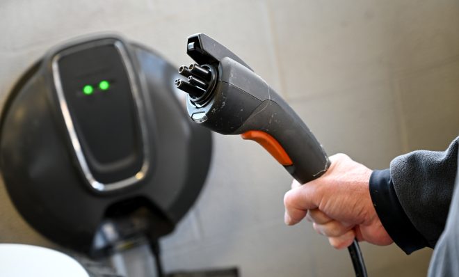 A plug used to charge an electric vehicle at H&H Chevrolet in Shippensburg.