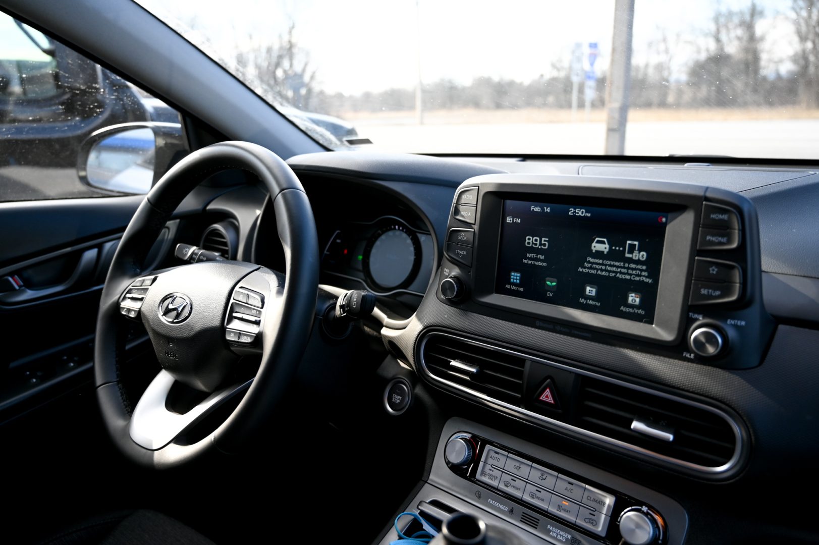 The inside of the Hyundai Kona electric vehicle.