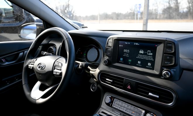 The inside of the Hyundai Kona electric vehicle.