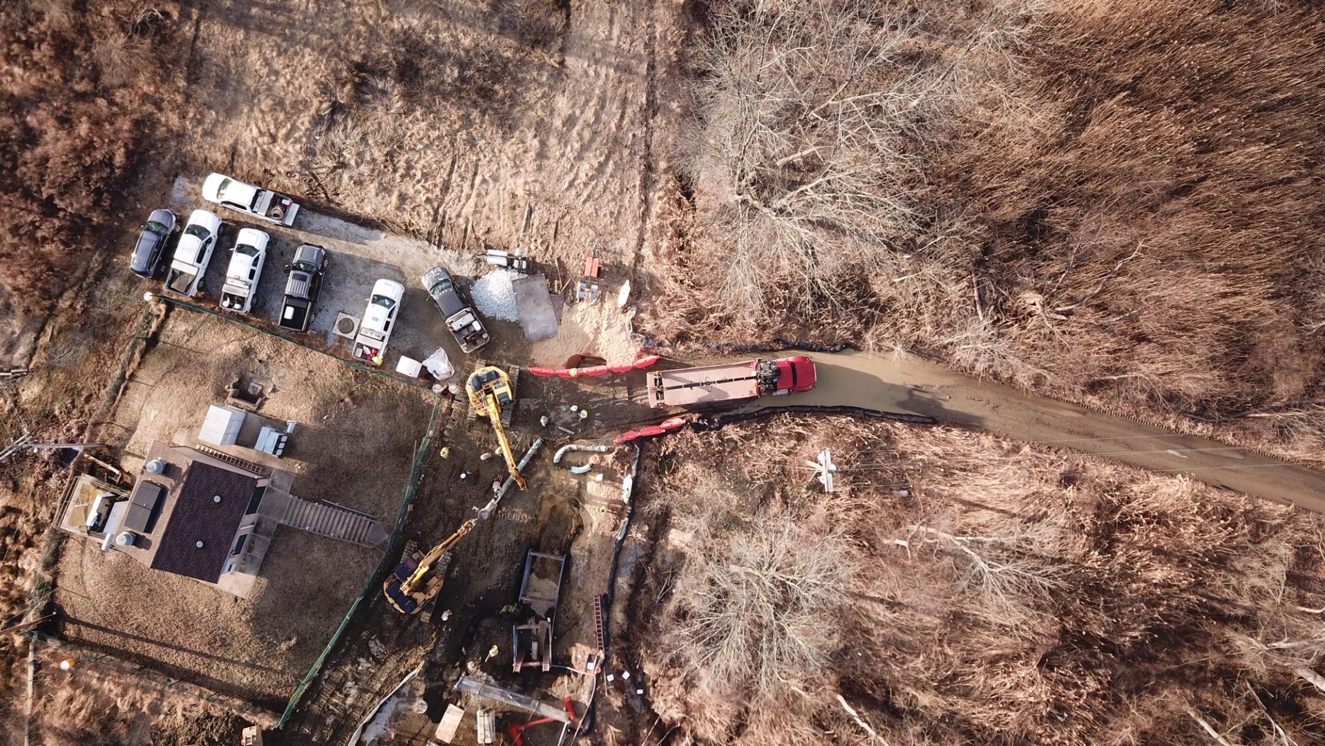Aerial views of pipe being laid at a Mariner East construction site in Delaware County. The company says construction is complete but residents say this work is not remediation but construction.