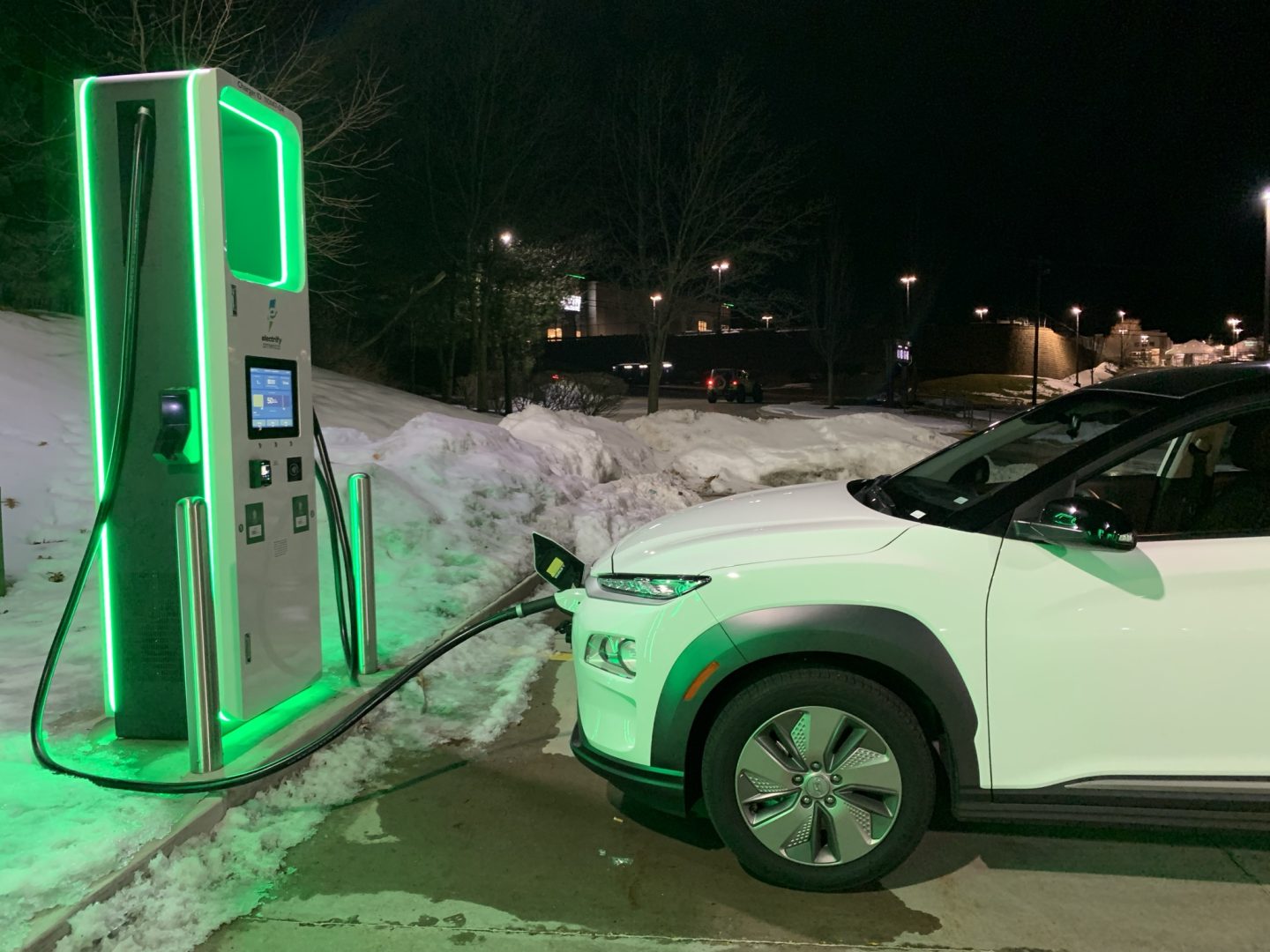 A Hyundai Kona Electric recharges at a station in State College.