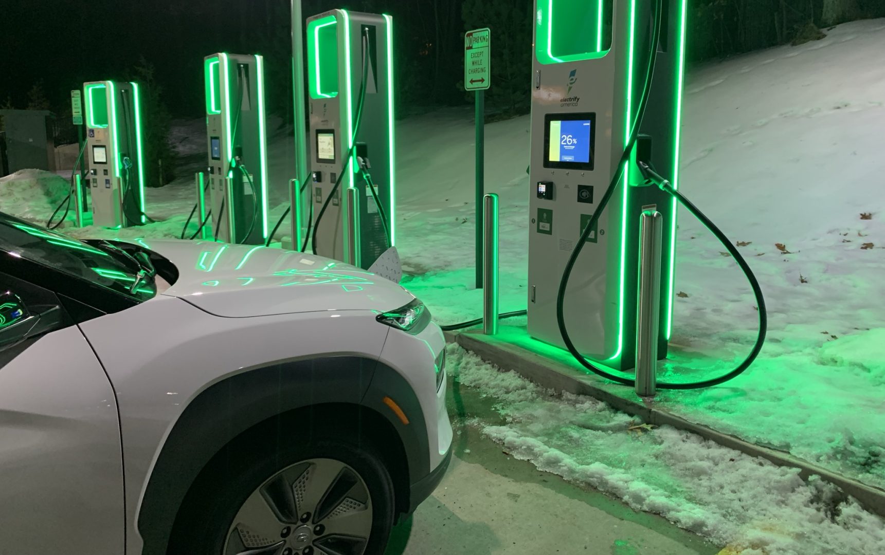 A Hyundai Kona Electric vehicle charges in State College on Feb 12, 2022.