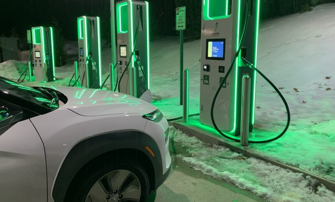 A Hyundai Kona Electric vehicle charges in State College on Feb 12, 2022.
