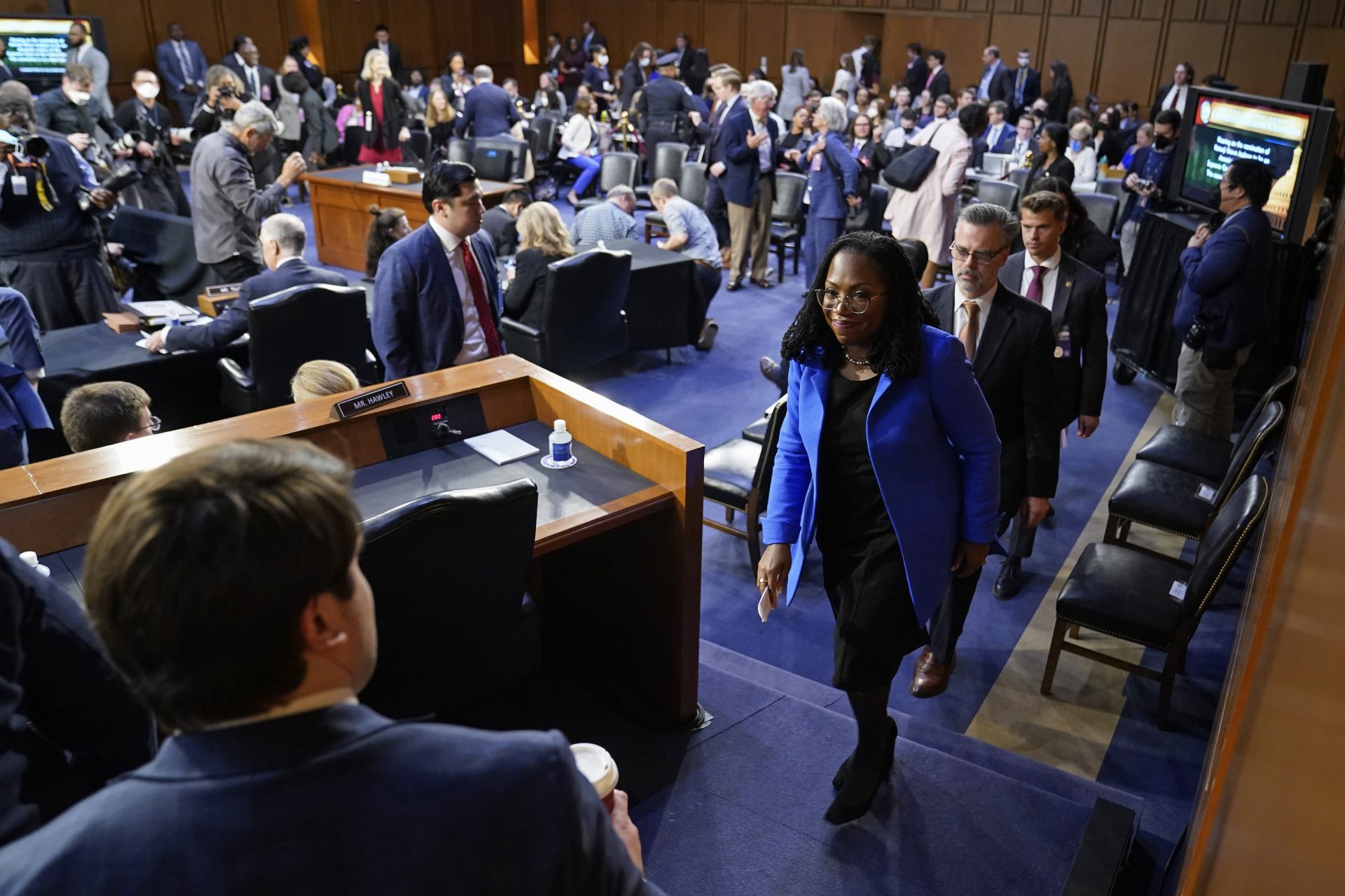 Supreme Court nominee Judge Ketanji Brown Jackson walks out of the room during a break in her testimony before the Senate Judiciary Committee on Capitol Hill in Washington, Wednesday, March 23, 2022, during her confirmation hearing.