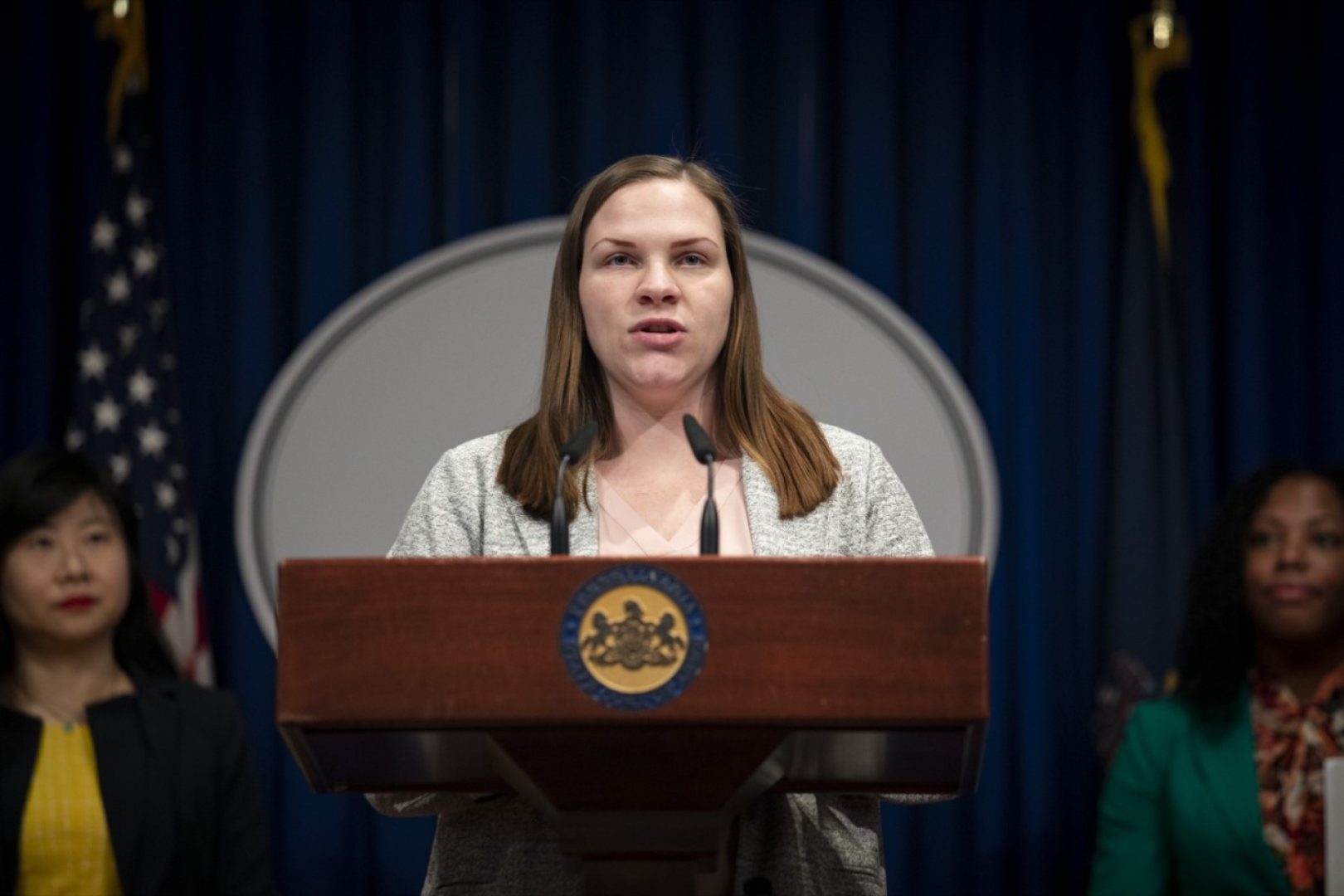 Moriah Hathaway, of the Pa. Commission for Women calls for an end to the gender pay gap on March 15, 2022. 