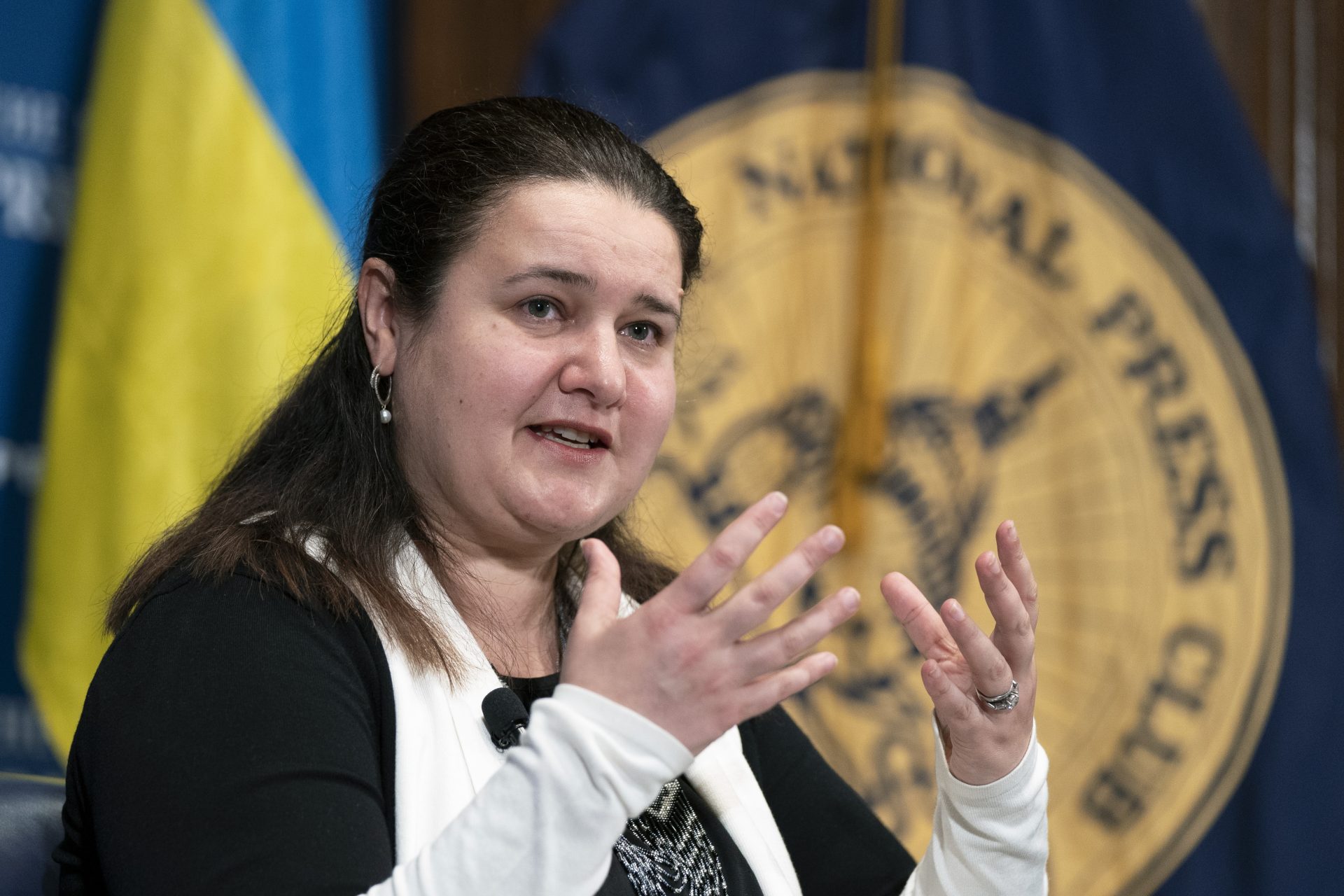 Ukraine's Ambassador to the United States Oksana Markarova, speaks at the National Press Club in Washington, Tuesday, March 15, 2022.