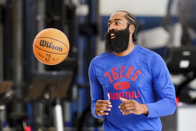 Philadelphia 76ers' James Harden practices at the NBA basketball team's facility, in Camden, N.J., Tuesday, March 1, 2022.