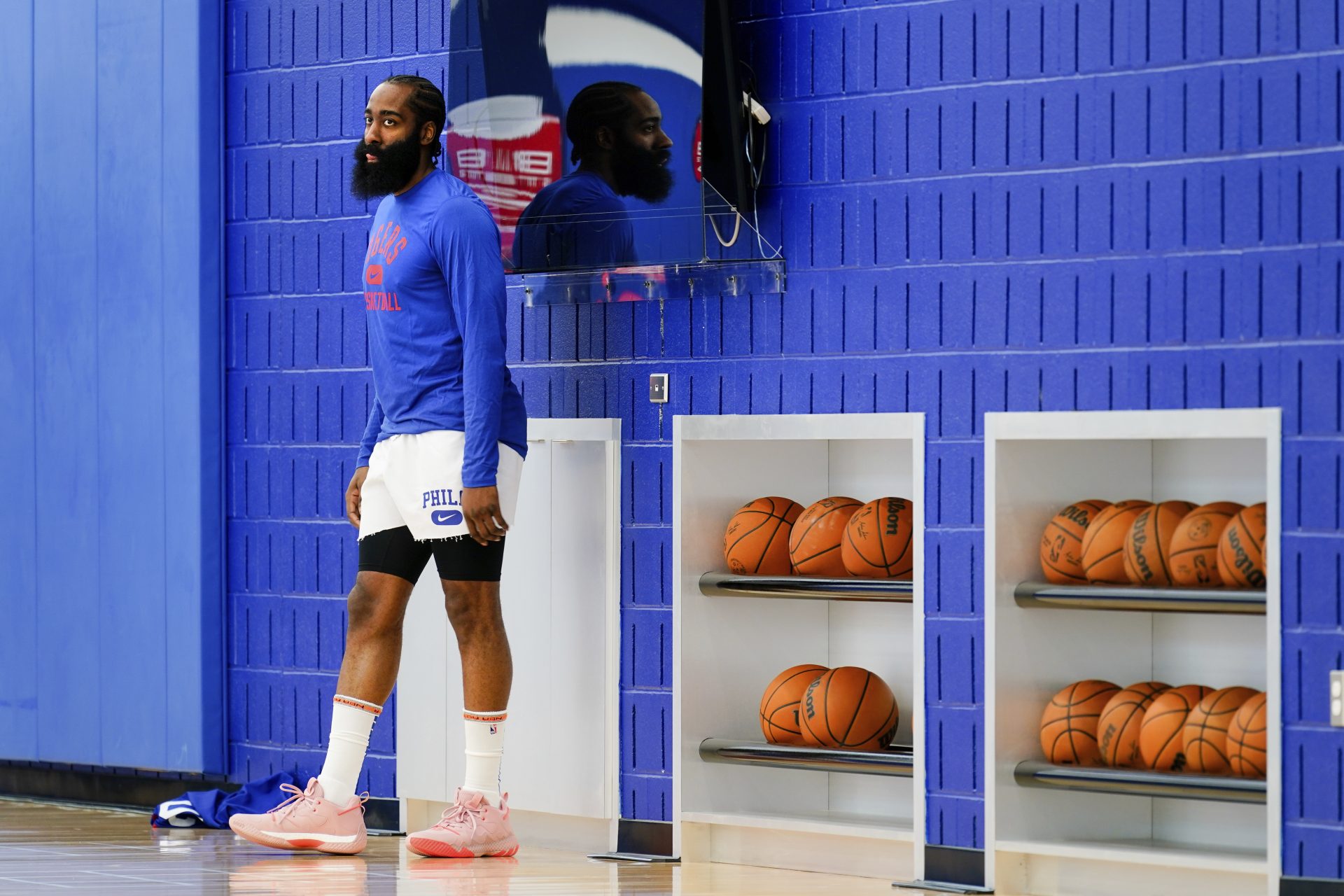 Philadelphia 76ers' James Harden pauses between drills during practice at the NBA basketball team's facility, in Camden, N.J., Tuesday, March 1, 2022.
