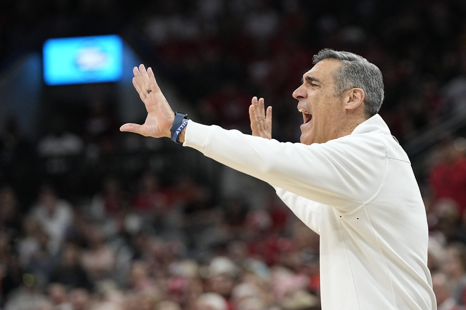 Villanova head coach Jay Wright yells during the first half of a college basketball game against Houston in the Elite Eight round of the NCAA tournament on Saturday, March 26, 2022, in San Antonio. (AP Photo/David J. Phillip)