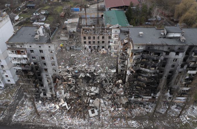 An heavily damaged apartment building following a Russian attack in the center of Borodyanka, Ukraine, Wednesday, April 6, 2022.