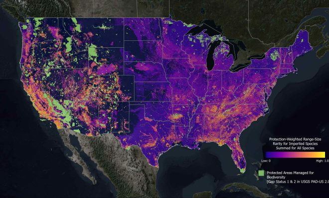 This map displays richness of at-risk species outside of existing protected areas using modeled distributions for 2,216 of the most imperiled plants and animals in the United States. Brighter colors indicate where land and water protection will most benefit the least protected yet most threatened biodiversity in our nation.
