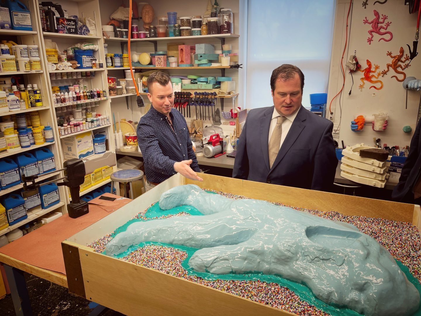Pa. DCED Acting Secretary Neil Weaver (right) gets a tour of a work studio inside NCC’s ‘Fab Lab’ on April 7, 2022