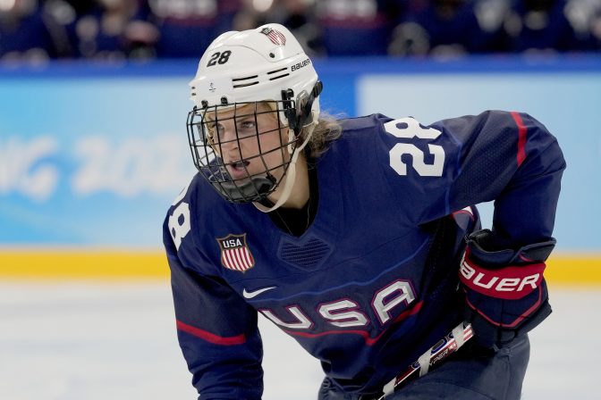 United States' Amanda Kessel plays against Finland during a women's semifinal hockey game at the 2022 Winter Olympics, Monday, Feb. 14, 2022, in Beijing.