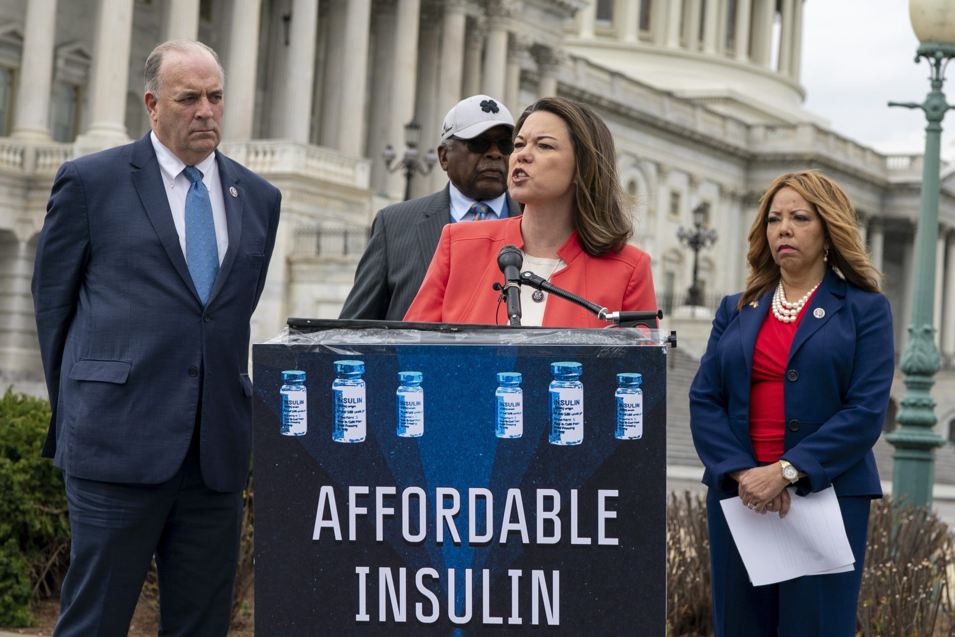 From left, Rep. Dan Kildee, D-Mich., House Majority Whip James Clyburn, D-S.C., Rep. Angie Craig, D-Minn., and Rep. Lucy McBath, Ga., talk about their support for legislation aimed at capping the price of insulin, at the Capitol in Washington, Thursday, March 31, 2022.