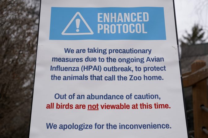 A sign is seen instructing visitors of a closed bird exhibit at the Blank Park Zoo, Tuesday, April 5, 2022, in Des Moines, Iowa.