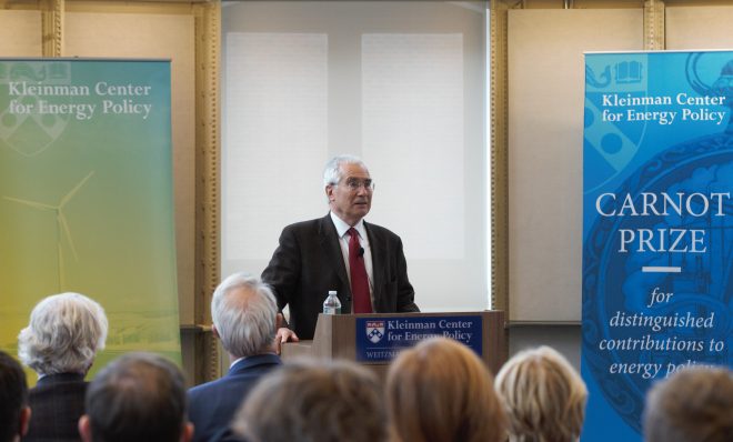 Lord Nicholas Stern, professor at the London School of Economics and Political Science, speaks after receiving the 2022 Carnot Prize for distinguished contributions to energy policy from the Kleinman Center for Energy Policy at the University of Pennsylvania.