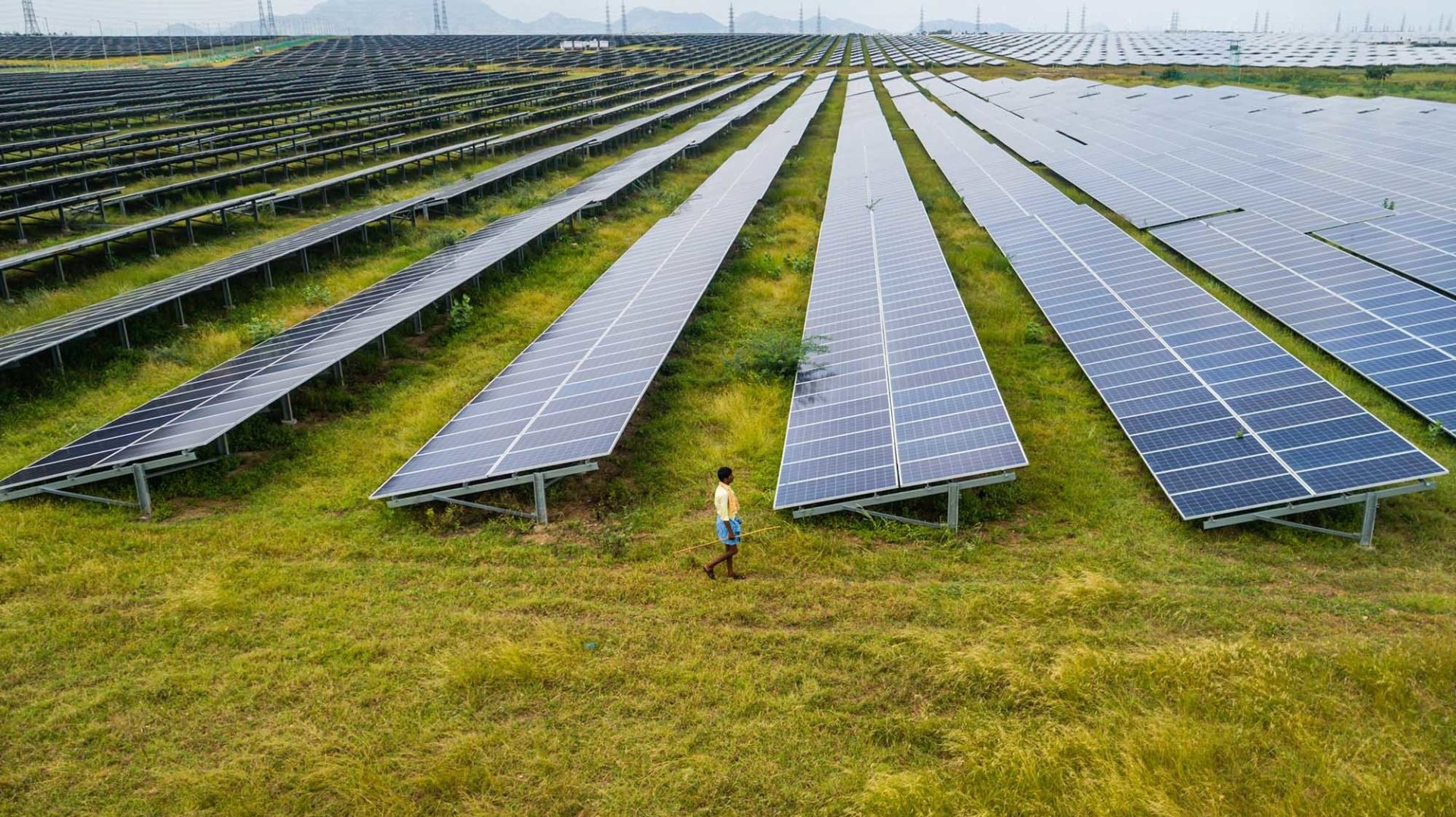 BENGALURU, INDIA - OCTOBER 11: An aerial view shows a shepherd walk past photovoltaic cell solar panels in the Pavagada Solar Park on October 11, 2021 in Kyataganacharulu village, Karnataka, India. As the countdown to the United Nations Climate Change Conference (COP26) at Glasgow begins, India is in a formidable position to lead climate change conversations as the country is on its way to meet its renewable energy target of 175GW by 2022, with solar power alone contributing to 100GW. In a clutch of villages around the Pavagada solar park in the southern state of Karnataka where nearly 13,000 acres of land has been acquired on lease for 28 years to produce 2050MW of electricity, economic inequity is becoming apparent — while farmers with large land holdings have clearly benefitted, poor farmers with no land have further been pushed to the margins with rising unemployment, lack of basic infrastructure, and a loss of their cultural identity. (Photo by Abhishek Chinnappa/Getty Images)