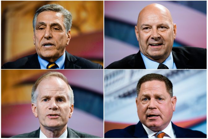 In this April 1, 2022 photo combination shown from top left are Lou Barletta, Pennsylvania state Sen. Doug Mastriano, R-Franklin, Bill McSwain and David White at a forum for Republican candidates for governor of Pennsylvania at the Pennsylvania Leadership Conference in Camp Hill, Pa.