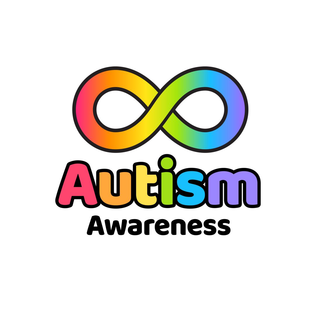Autism awareness symbol, rainbow infinity sign and text. Autistic spectrum disorders and neurodiversity support.