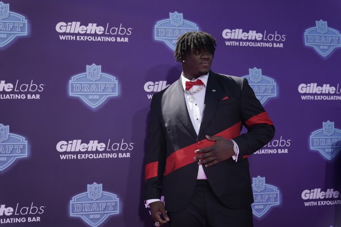 Georgia defensive lineman Jordan Davis poses on the red carpet before the first round of the NFL football draft Thursday, April 28, 2022, in Las Vegas.