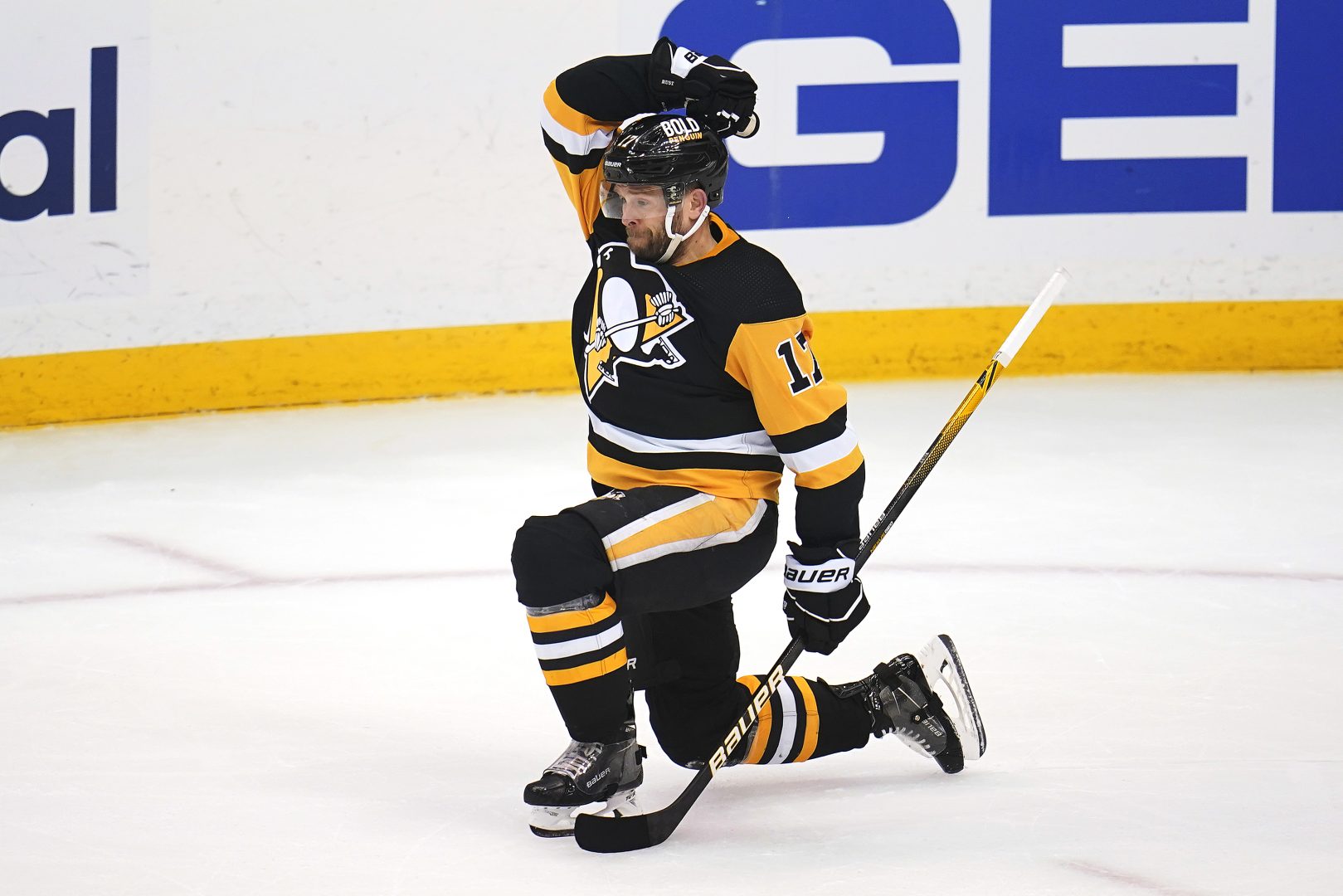 Pittsburgh Penguins' Bryan Rust celebrates his goal against the New York Rangers during the first period in Game 6 of an NHL hockey Stanley Cup first-round playoff series in Pittsburgh, Friday, May 13, 2022. (AP Photo/Gene J. Puskar)