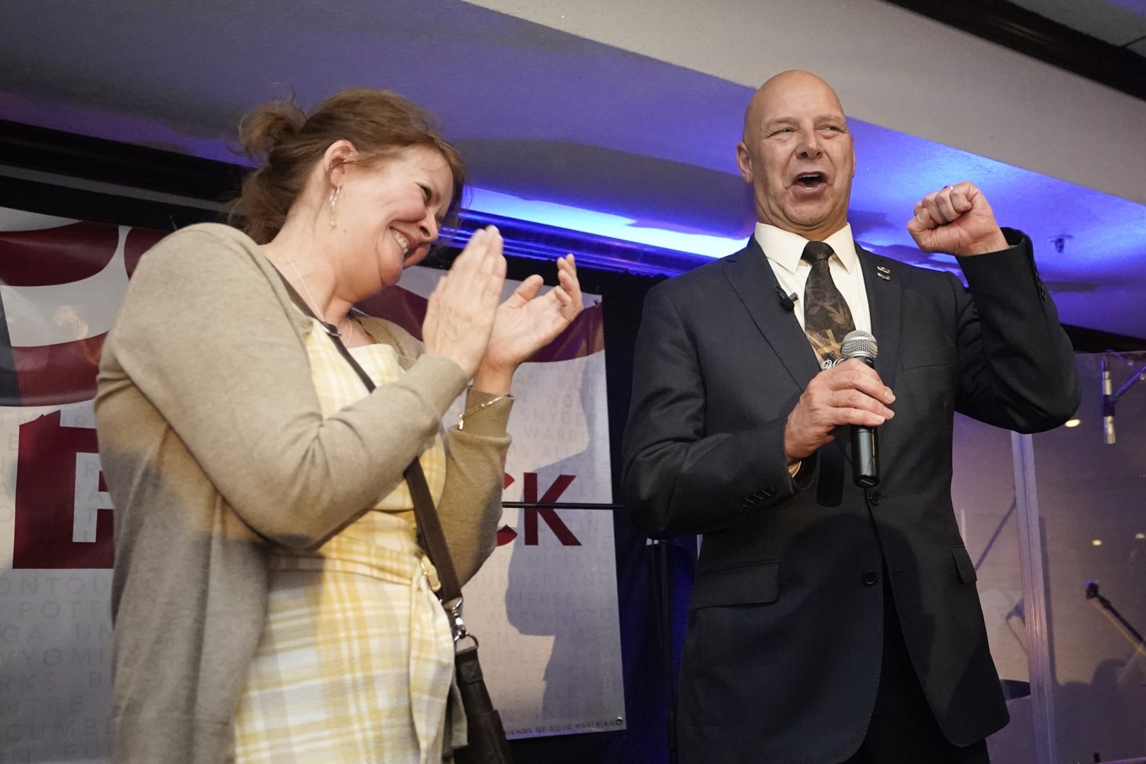 State Sen. Doug Mastriano, R-Franklin, a Republican candidate for Pennsylvania governor, gestures as he speaks at a primary night election gathering in Chambersburg, Pa., Tuesday, May 17, 2022, with his wife, Rebbeca.