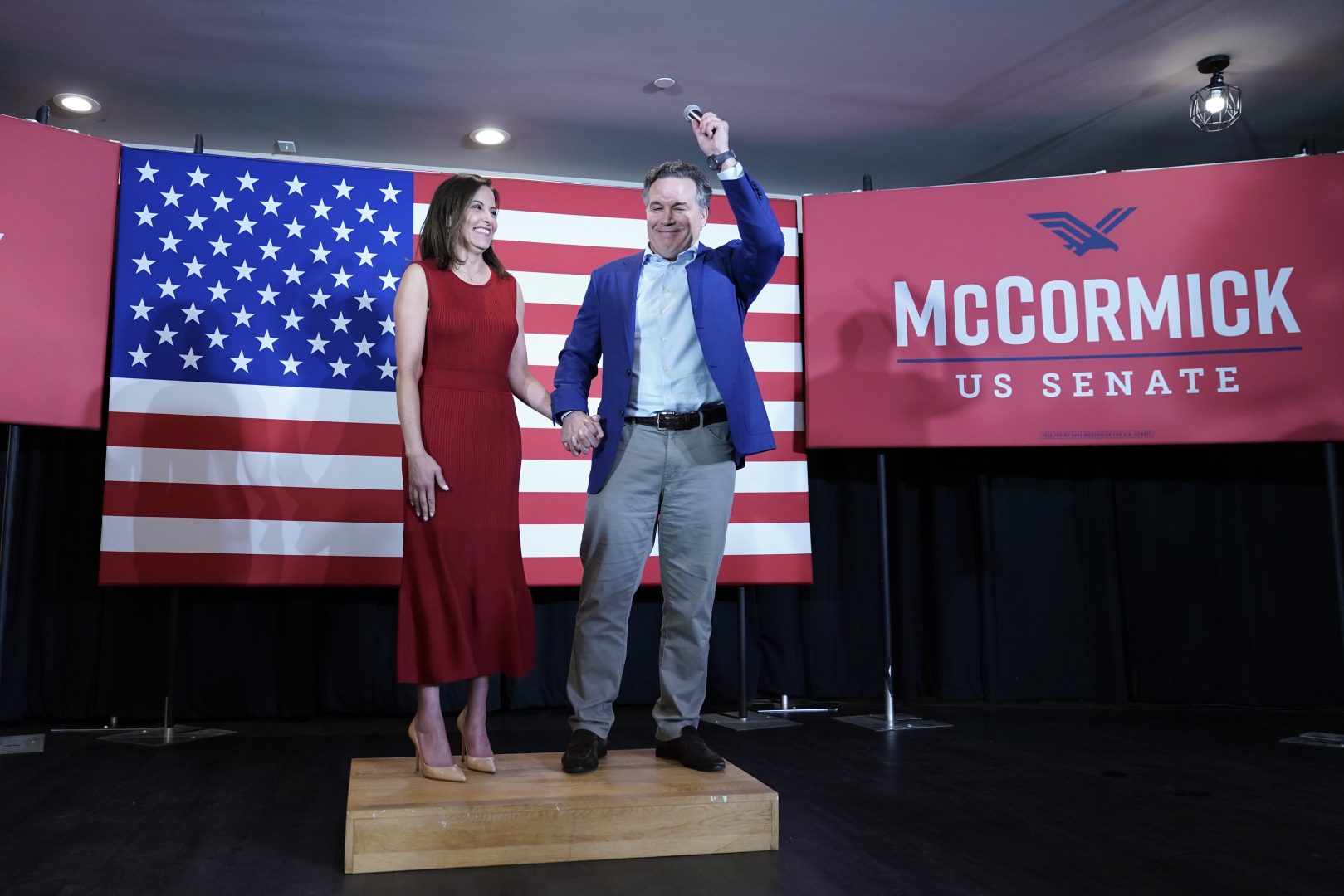 Republican candidate for a Pennsylvania U.S. Senate seat, Dave McCormick, right, and his wife Dinah Powell, talk to supporters during his returns watch party in the Pennsylvania primary election, Tuesday, May 17, 2022, in Pittsburgh. 