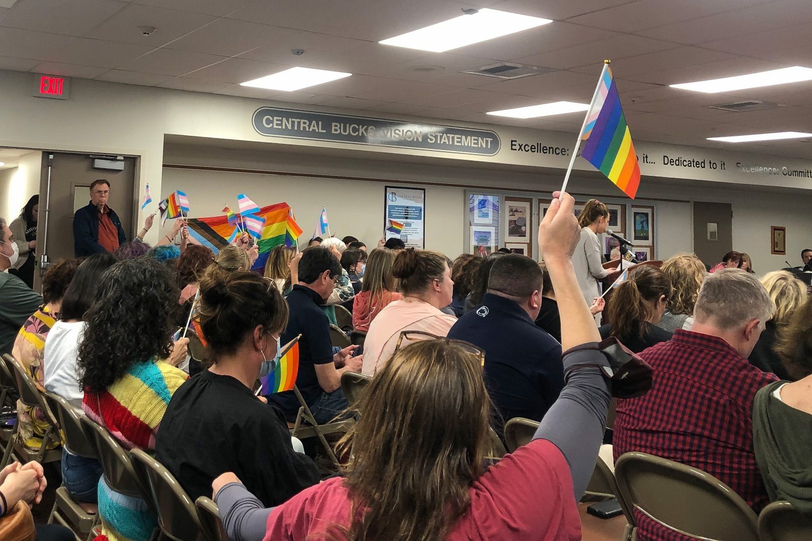 Parents and students waved LGBTQ pride flags in the air as Lena Barnhat of Doylestown said schools should not be a place for promoting sexuality.