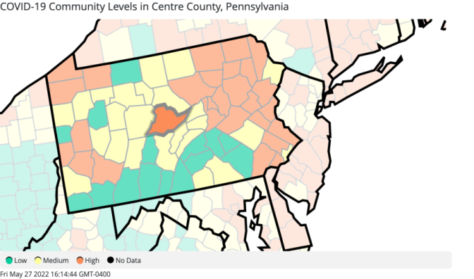 This map from the Centers for Disease Control and Prevention shows COVID-19 Community Levels by county, including the high level in Centre County as of May 26, 2022.