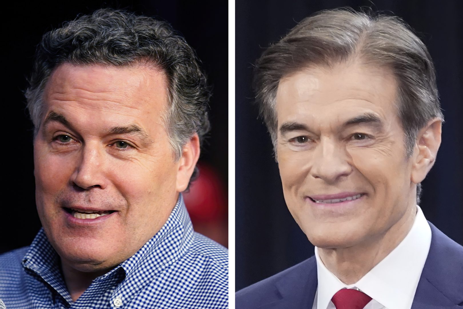 Pennsylvania Republican Senate candidates David McCormick, left, and Mehmet Oz during campaign appearances in May 2022 in Pennsylvania.