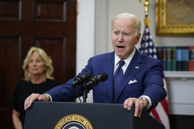 President Joe Biden speaks about the mass shooting at Robb Elementary School in Uvalde, Texas, from the White House, in Washington, Tuesday, May 24, 2022, as first lady Jill Biden listens.